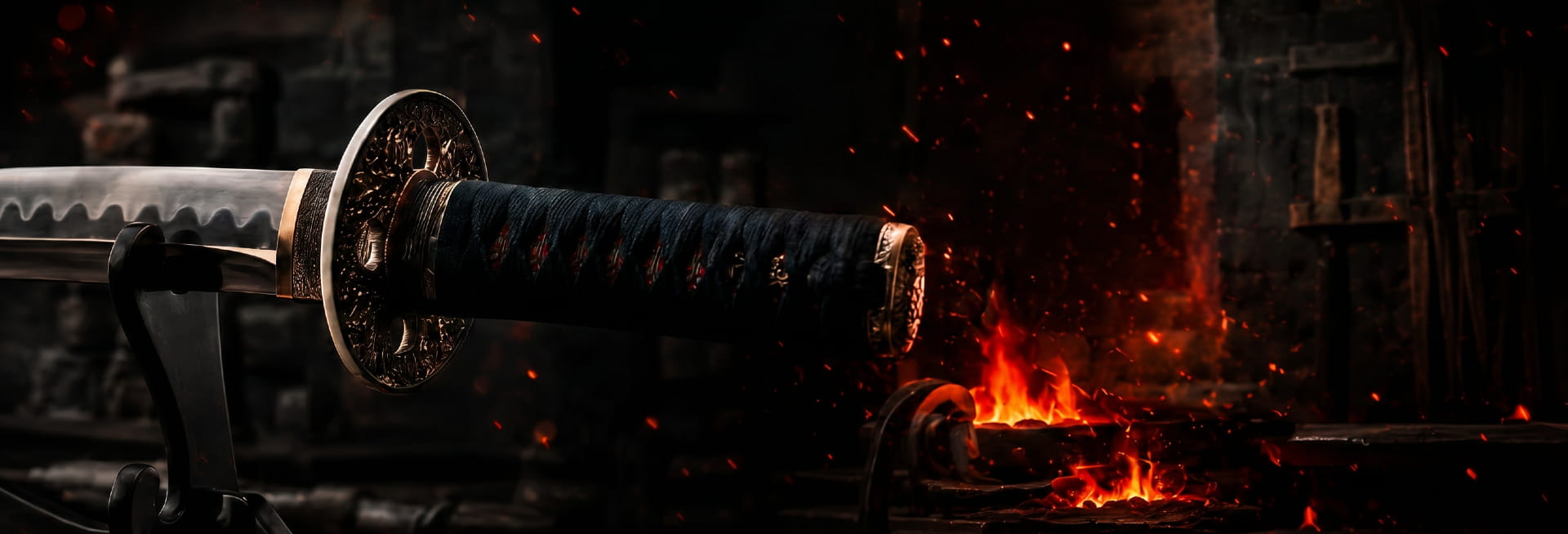 Katana japonesa sobre un soporte delante de una forja